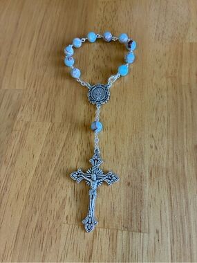 Light Blue Beaded Rosary Bracelet with Silver Crucifix